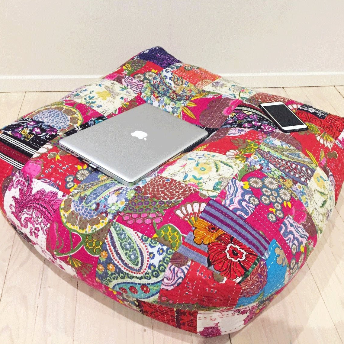 Artisan handcrafted Kantha ottoman cover in colourful patchwork