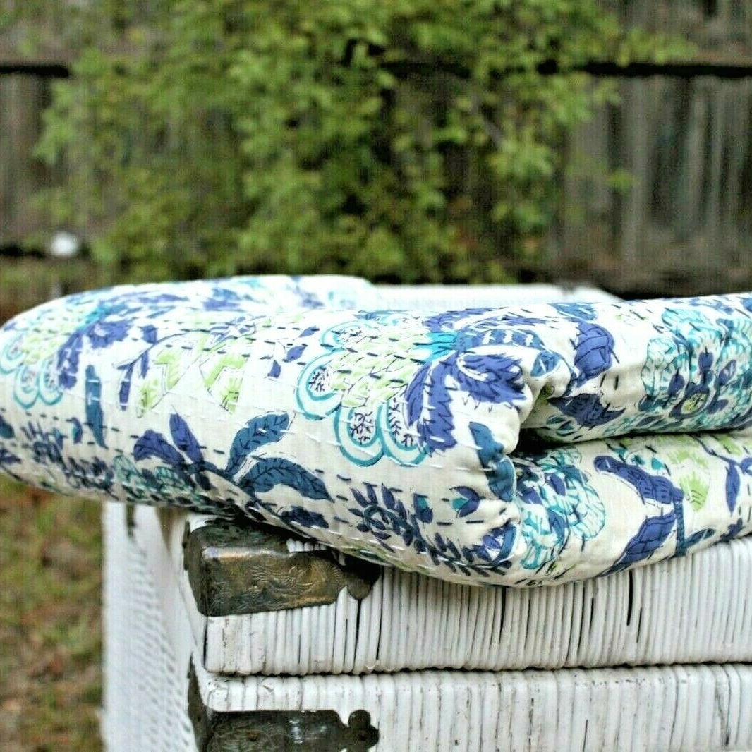 Linen Connections Indian Kantha Quilt - Icy Blue