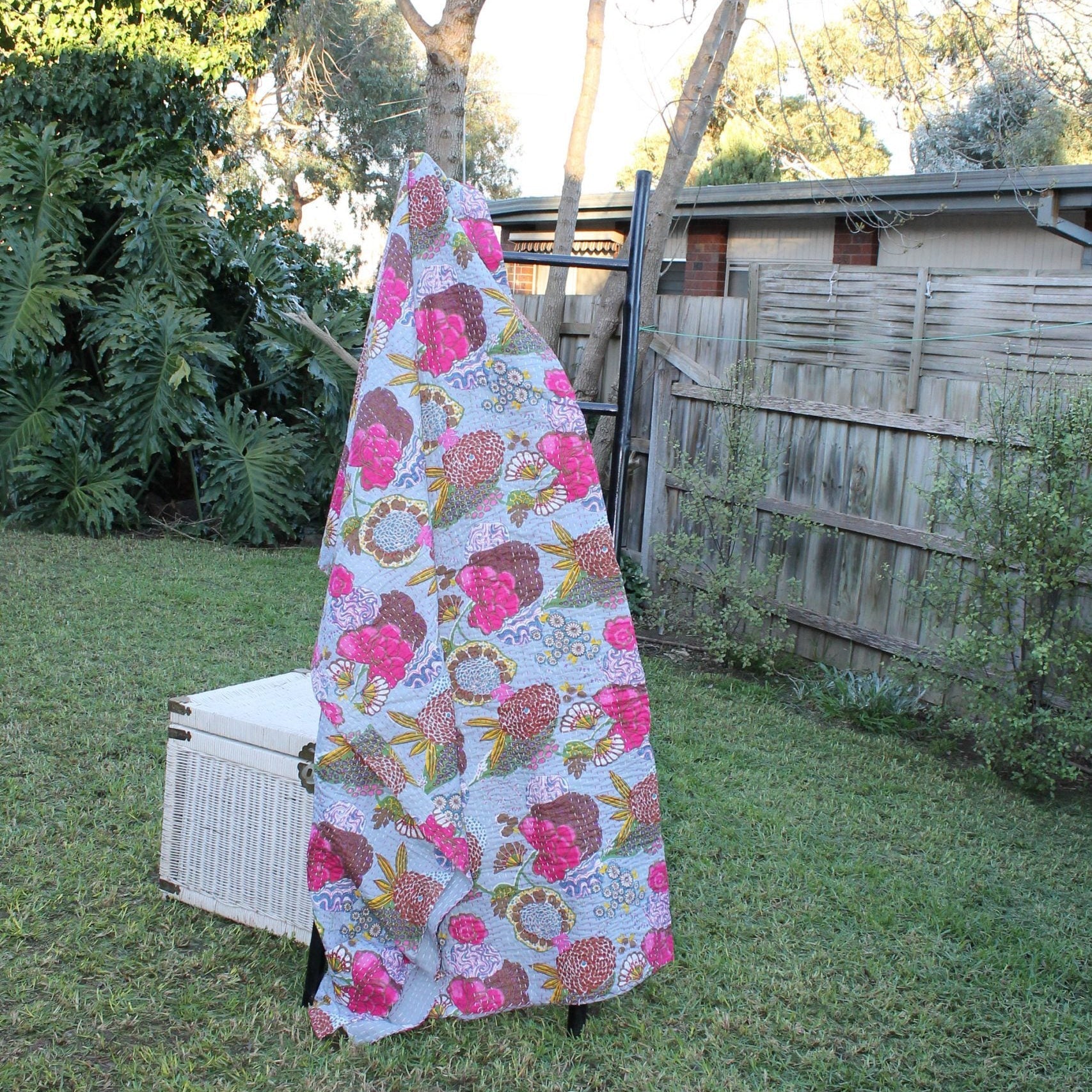 Linen Connections Handmade Indian Kantha Quilt- Grey Meadows