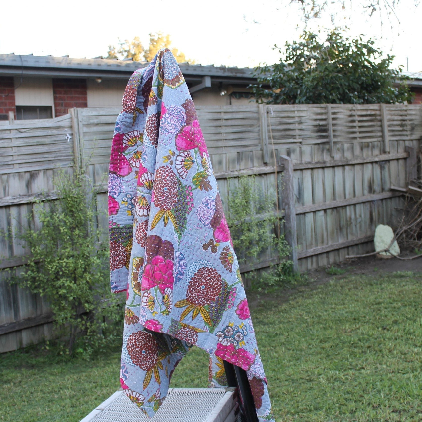 Linen Connections Handmade Indian Kantha Quilt- Grey Meadows