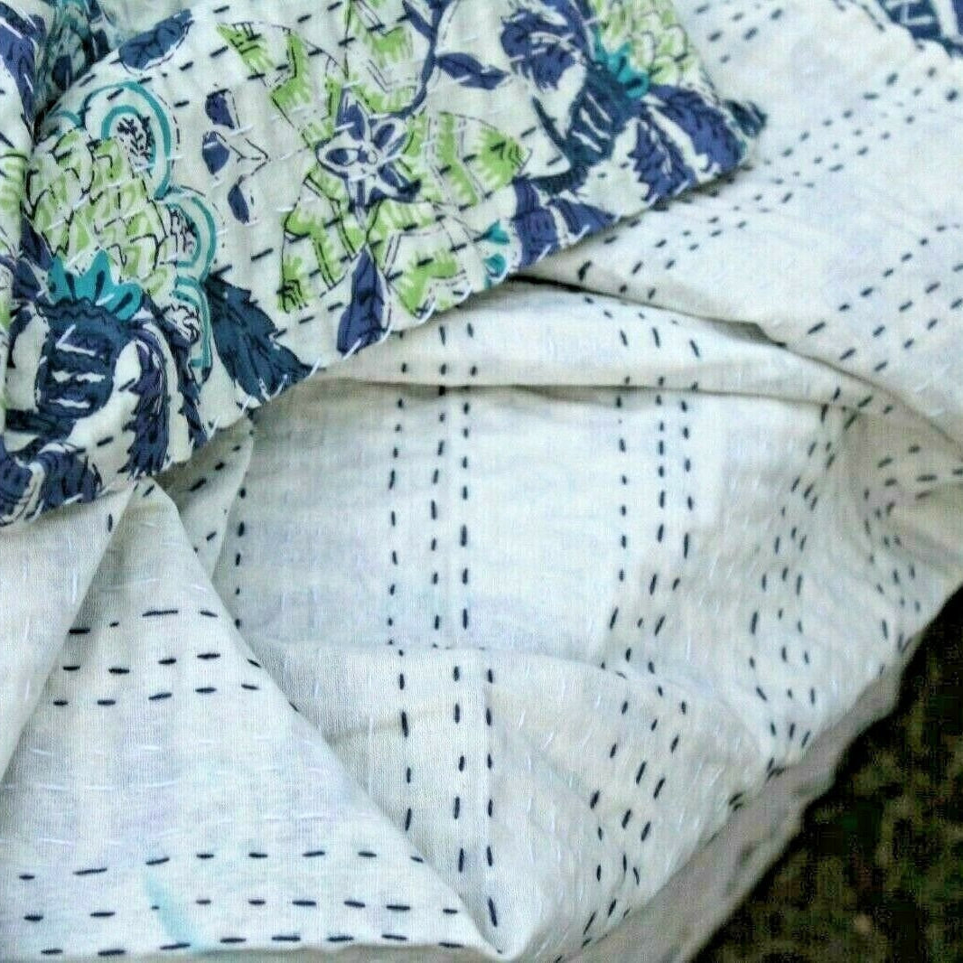 Linen Connections Indian Kantha Quilt - Icy Blue