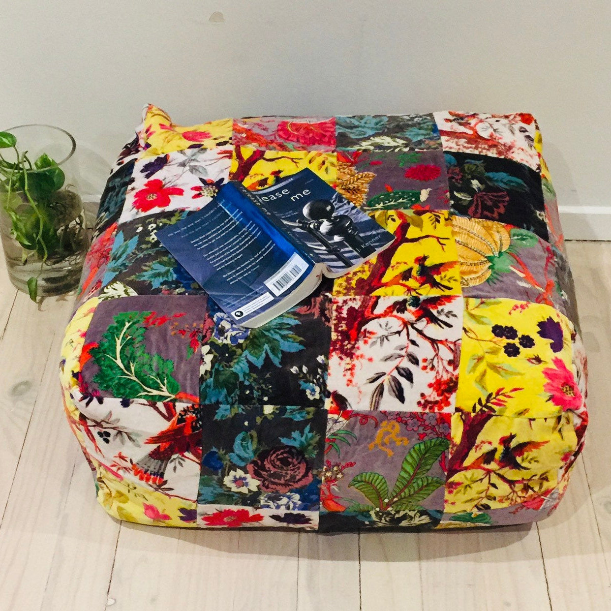 Velvet Patchwork Cushion Cover Ottoman Pouffe - Colourful Lagoon