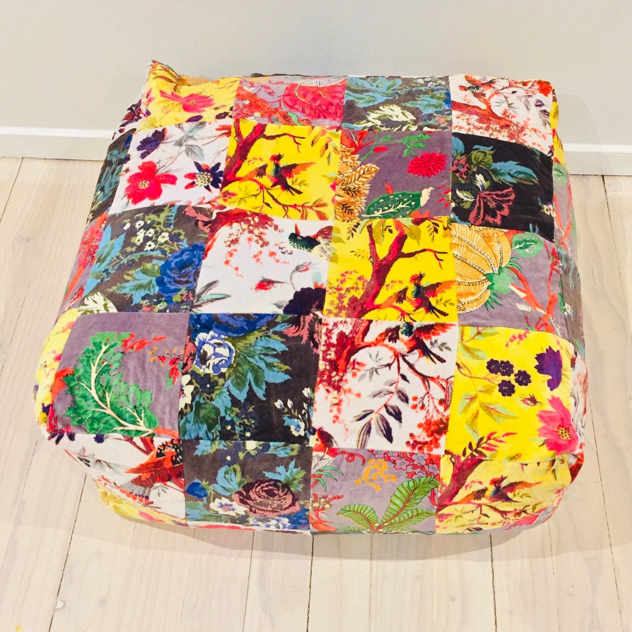 Velvet Patchwork Cushion Cover Ottoman Pouffe - Colourful Lagoon