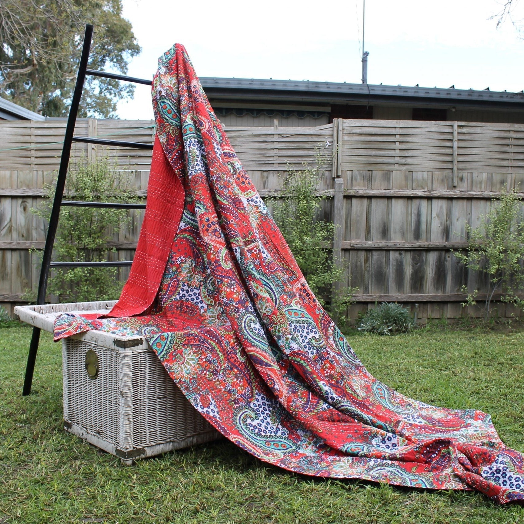 Linen Connections Handmade Indian Kantha Quilt - Red Gardens