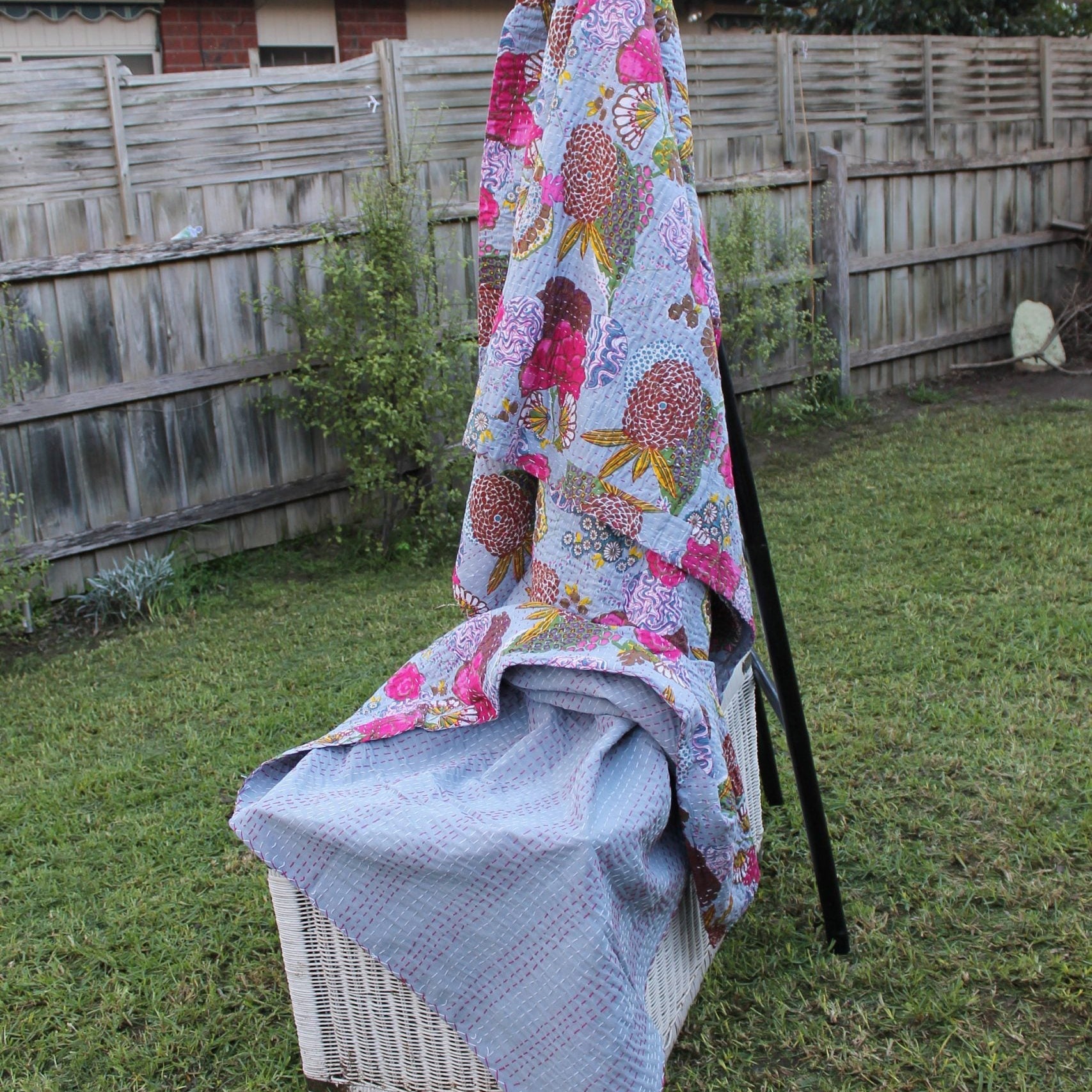 Linen Connections Handmade Indian Kantha Quilt- Grey Meadows