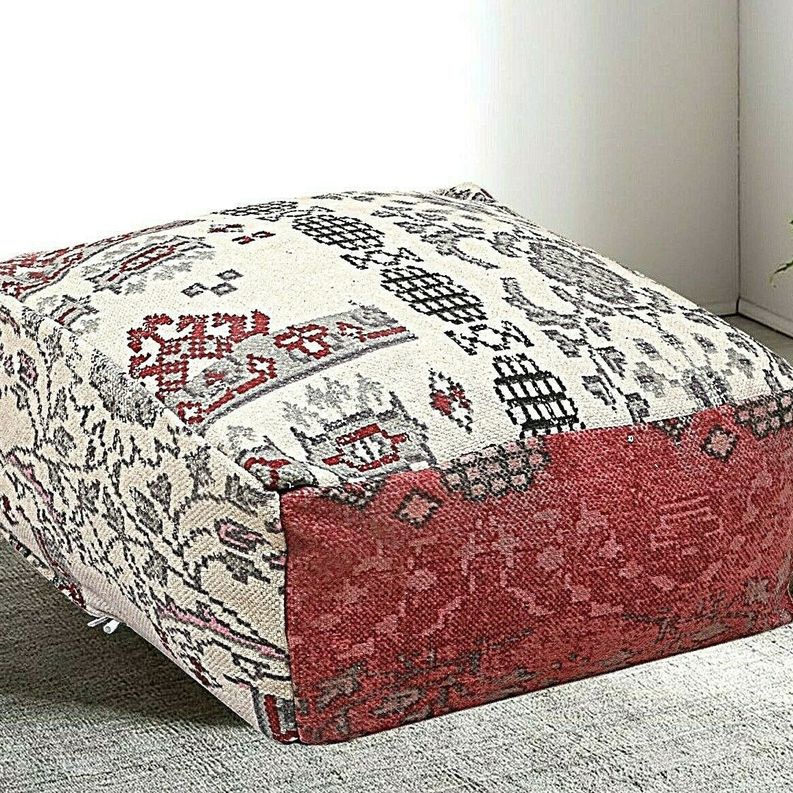 Moroccan Ottoman Cushion Cover, Pouf, Footstool - Red & White