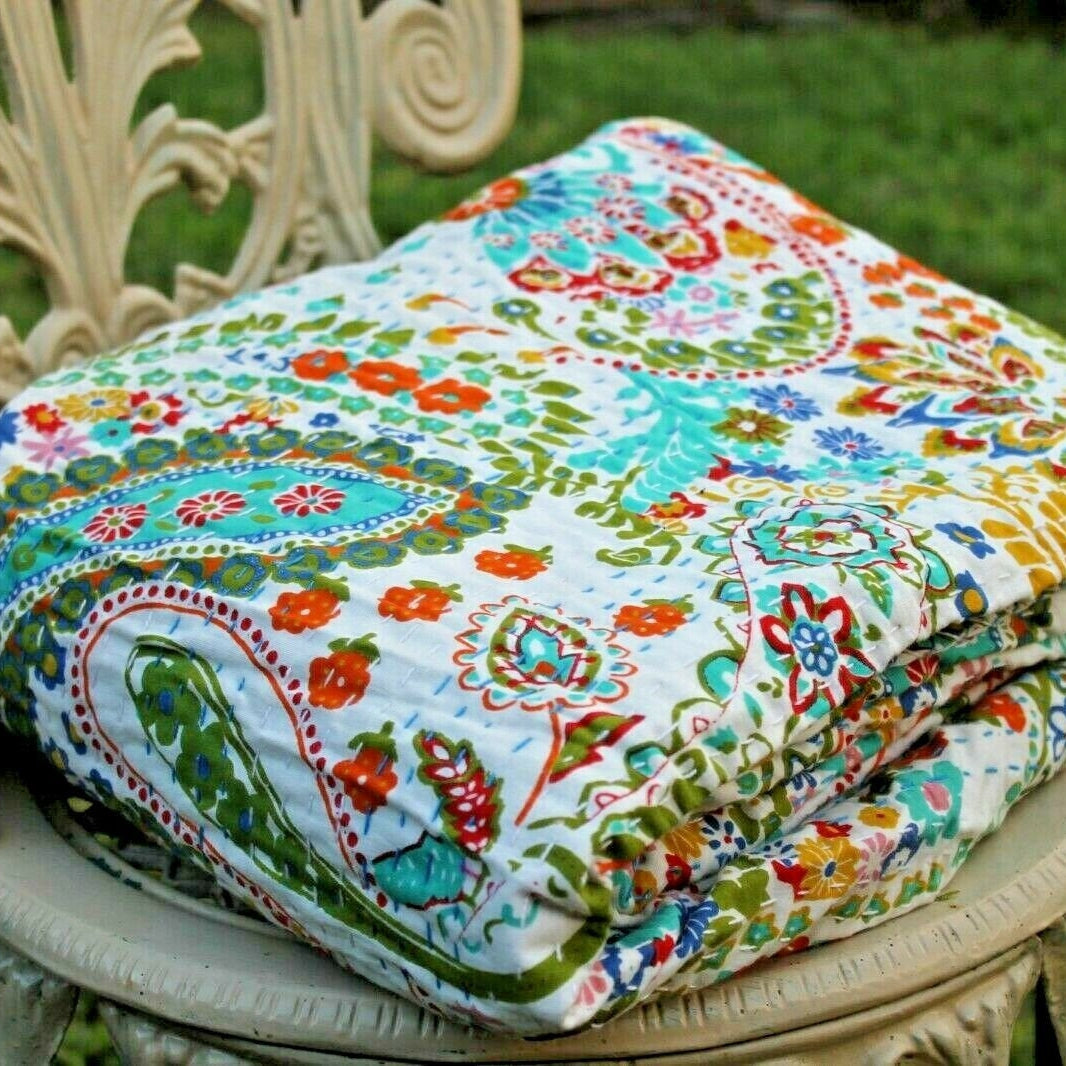 Linen Connections Handmade Indian Kantha Quilt - White Hues
