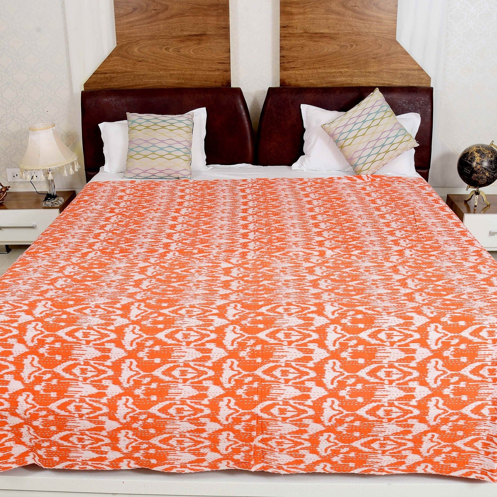 Linen Connections Indian Kantha Quilt - Orange Mist
