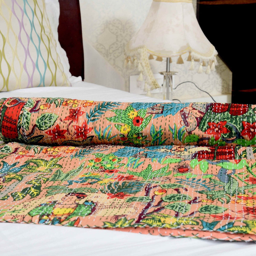 Linen Connections Indian Kantha Quilt - Frida Pink