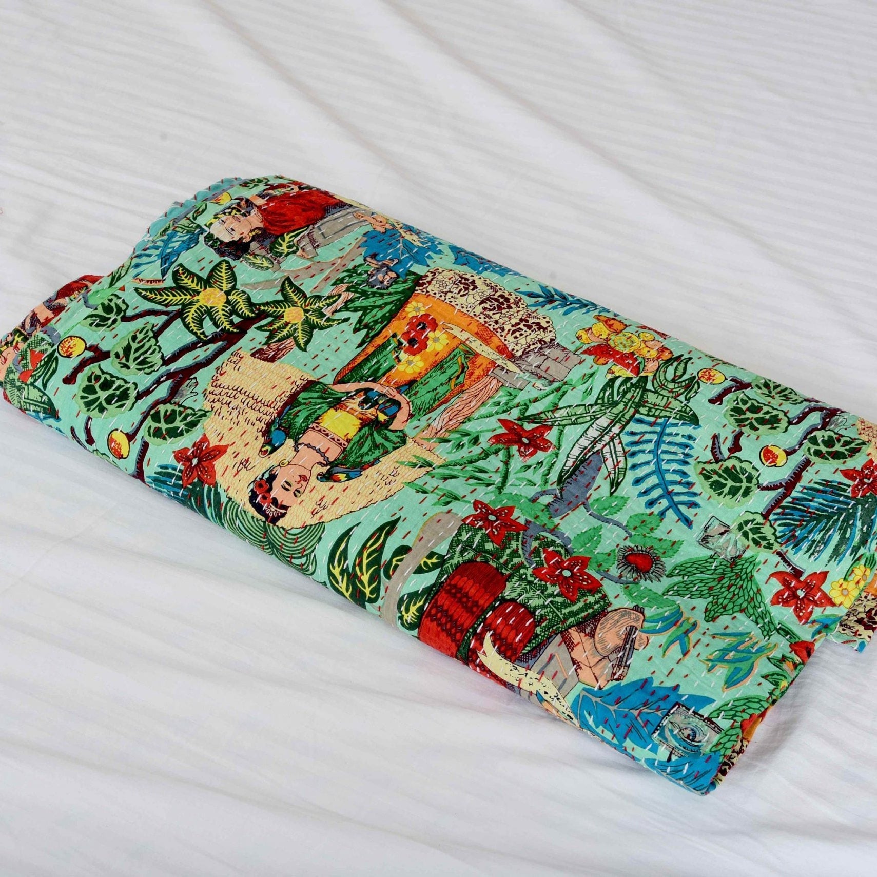 Linen Connections Indian Kantha Quilt - Frida Green