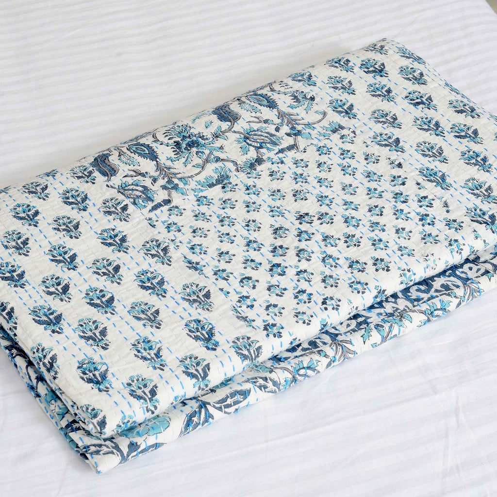 Linen Connections Handmade Indian Kantha Quilt -White Aurora