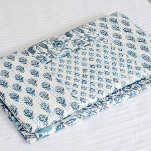 Linen Connections Handmade Indian Kantha Quilt -White Aurora