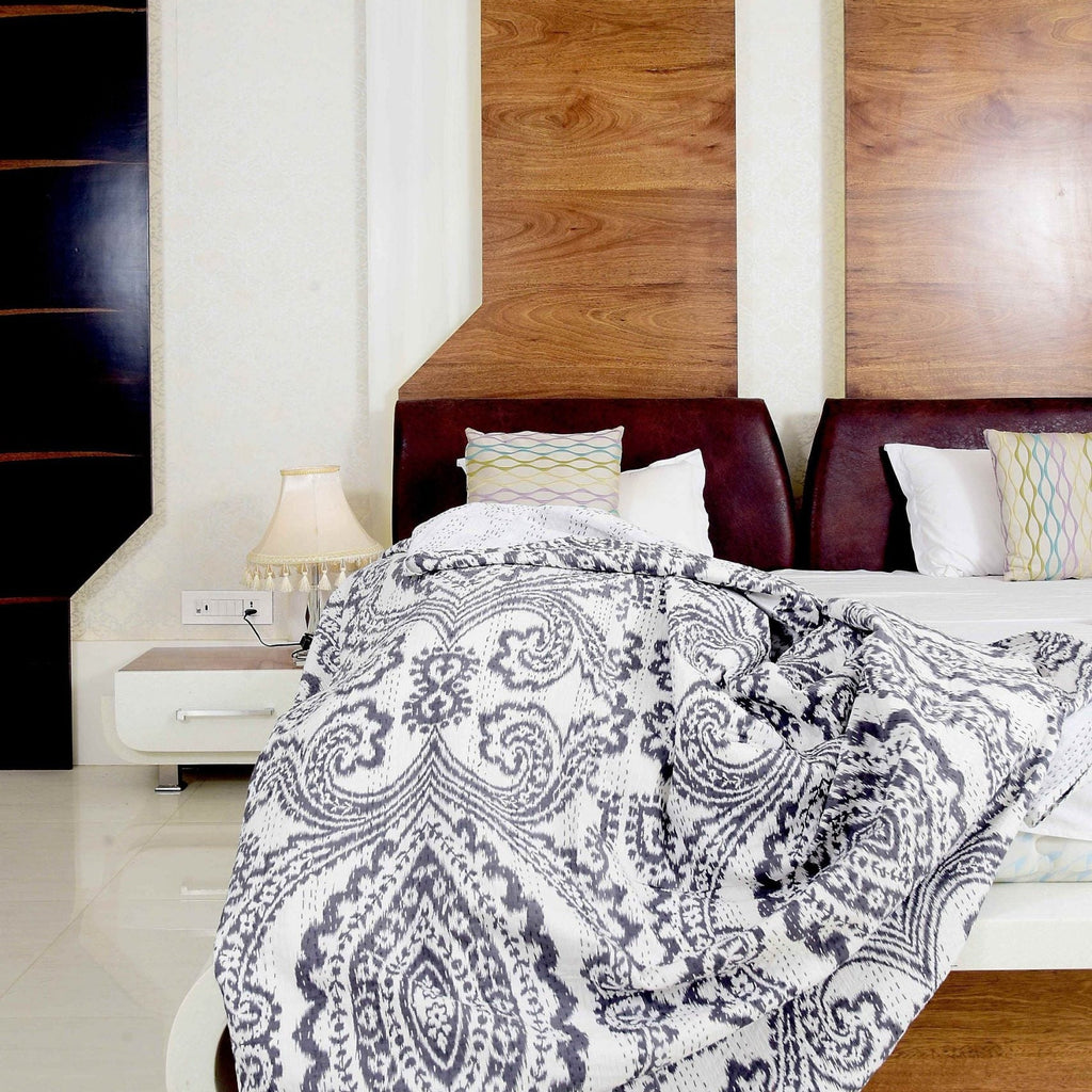 Linen Connections Handmade Indian Kantha Quilt - White Opal