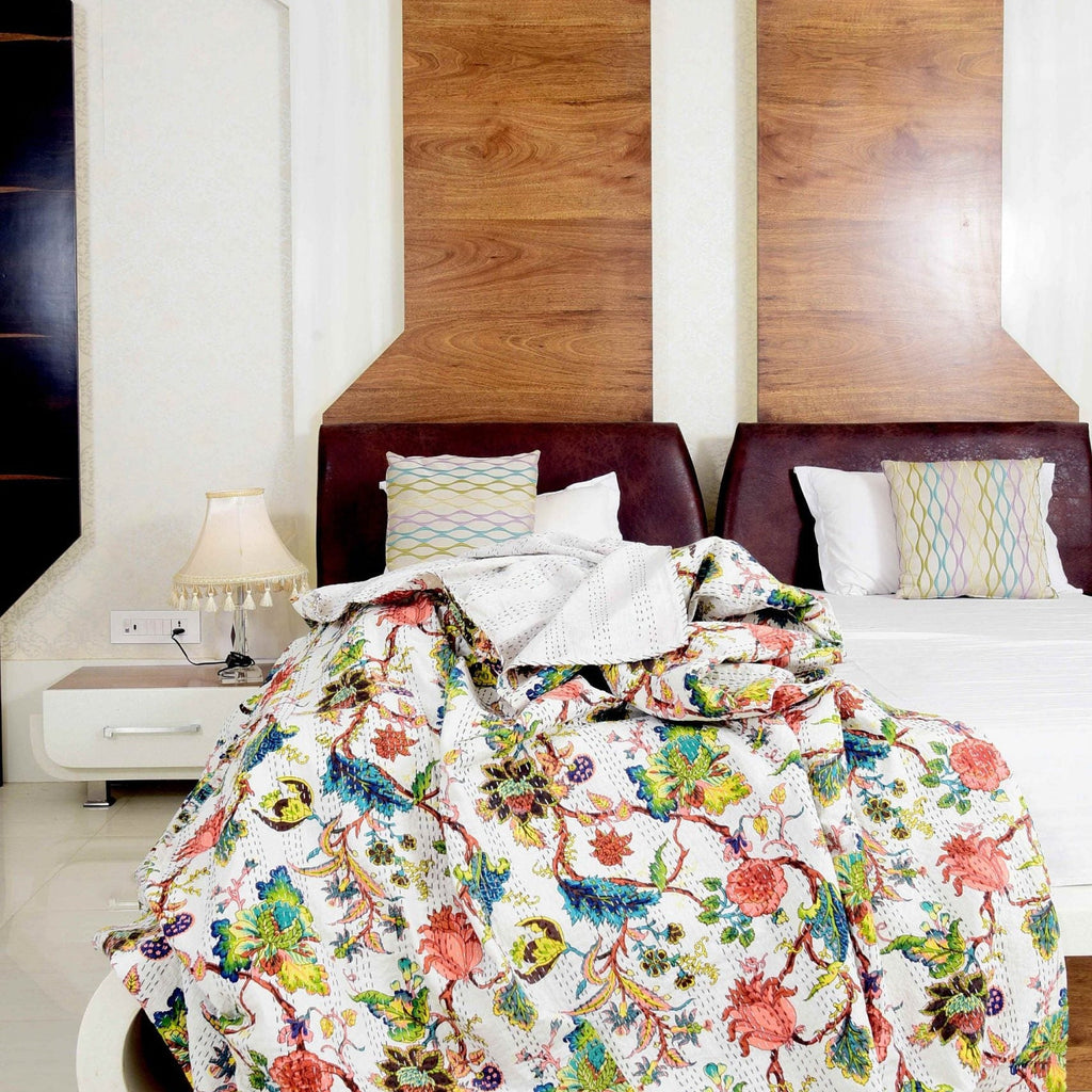 Linen Connections Handmade Indian Kantha Quilt - Boho White