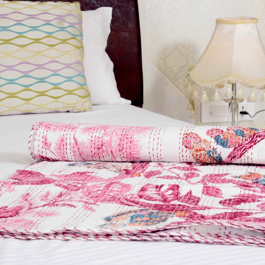 Linen Connections Indian Kantha Quilt - Pink Owl