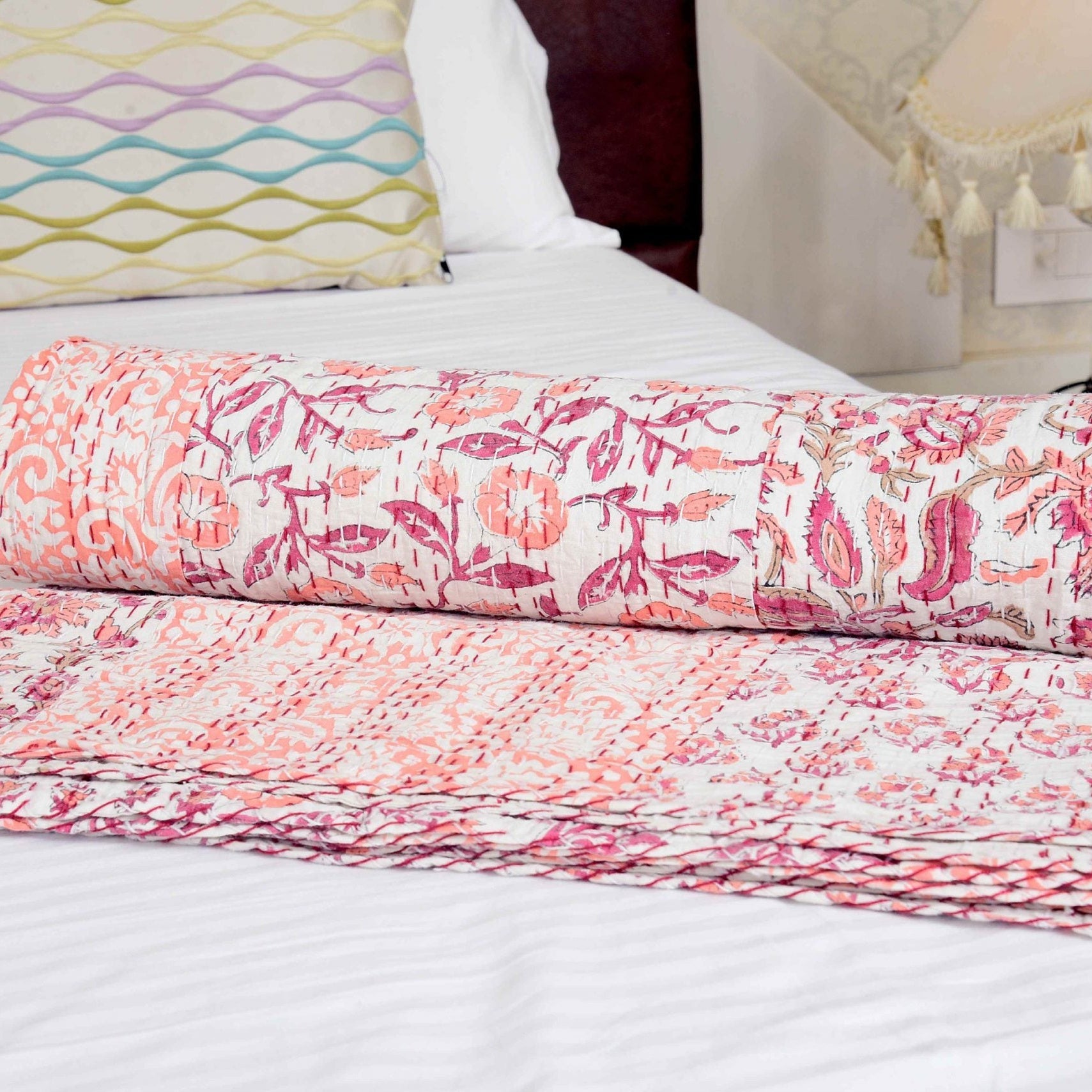 Linen Connections Handmade Indian Kantha Quilt - Mushy Pink