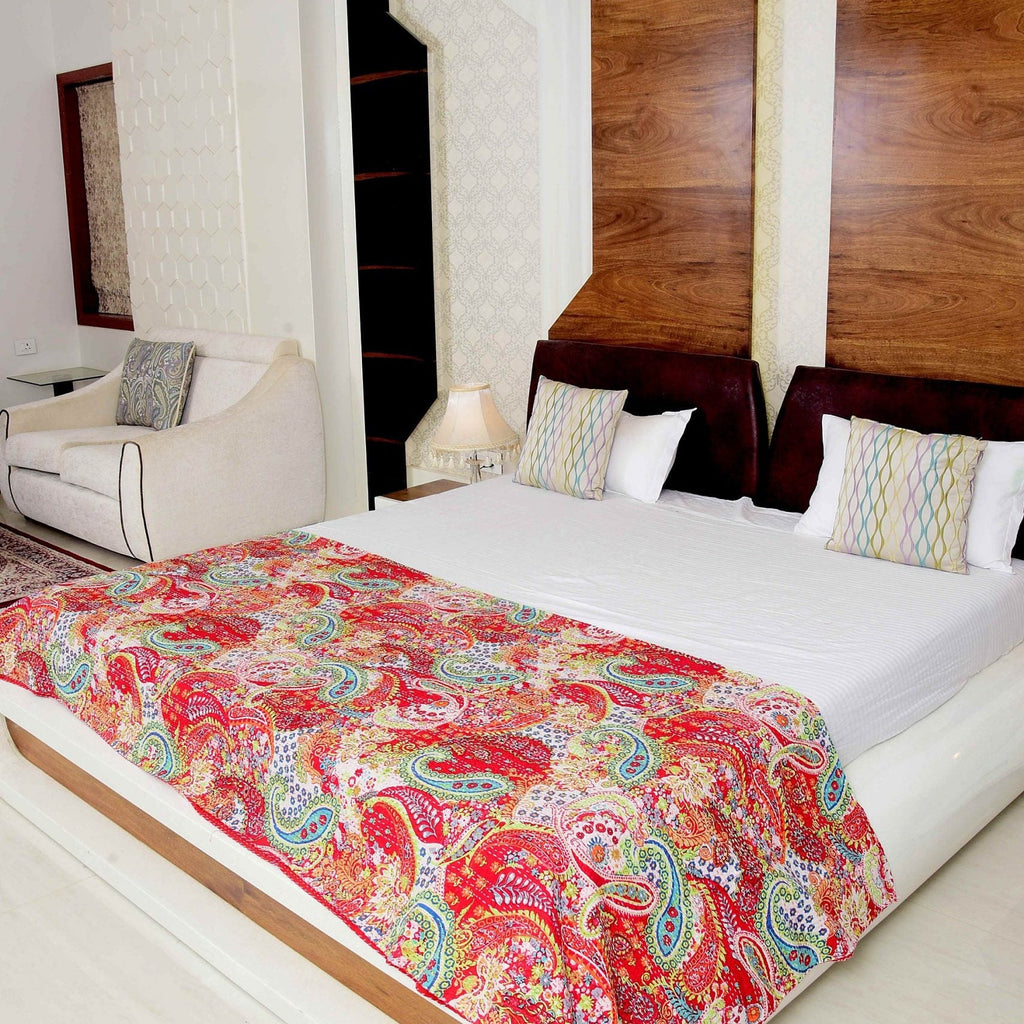 Linen Connections Indian Kantha Quilt - Red Flowers