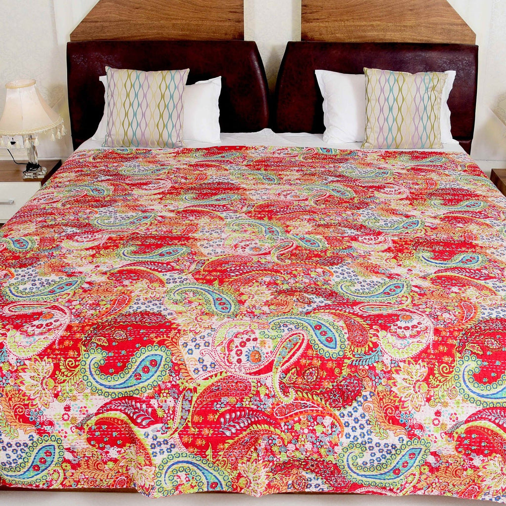 Linen Connections Indian Kantha Quilt - Red Flowers