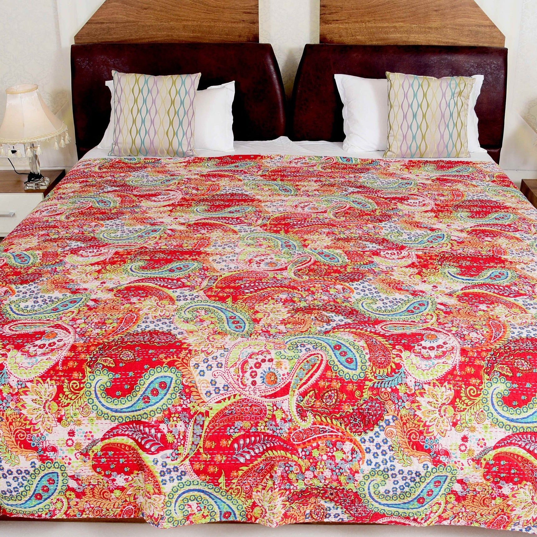 Linen Connections Indian Kantha Quilt - Red Flowers