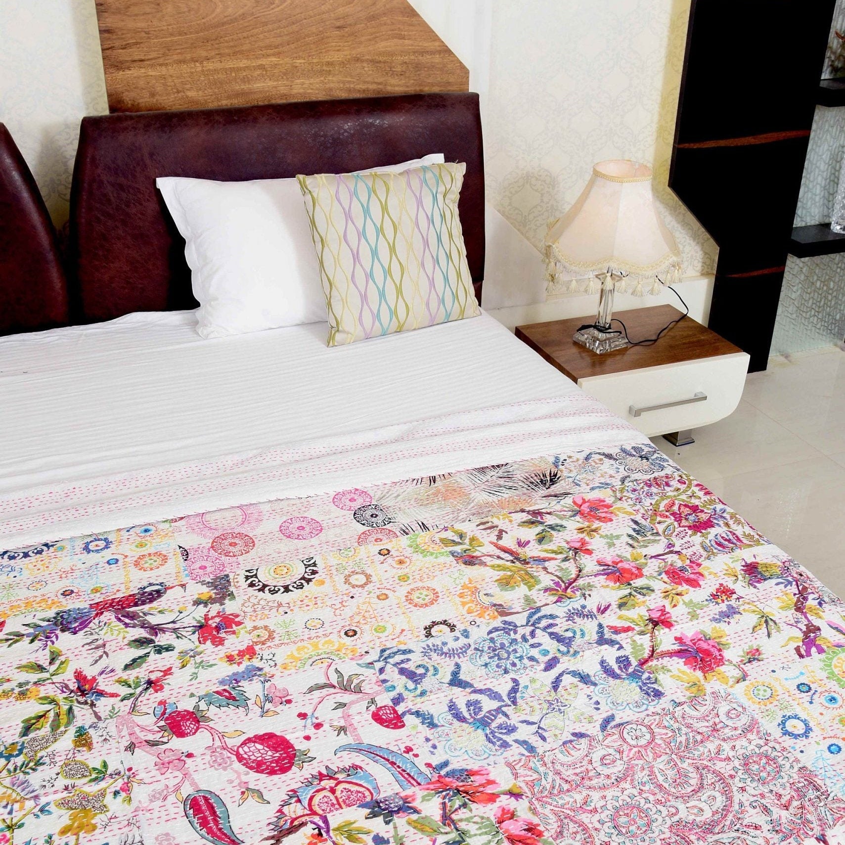 Linen Connections Handmade Indian Kantha Quilt - Serenity Colours