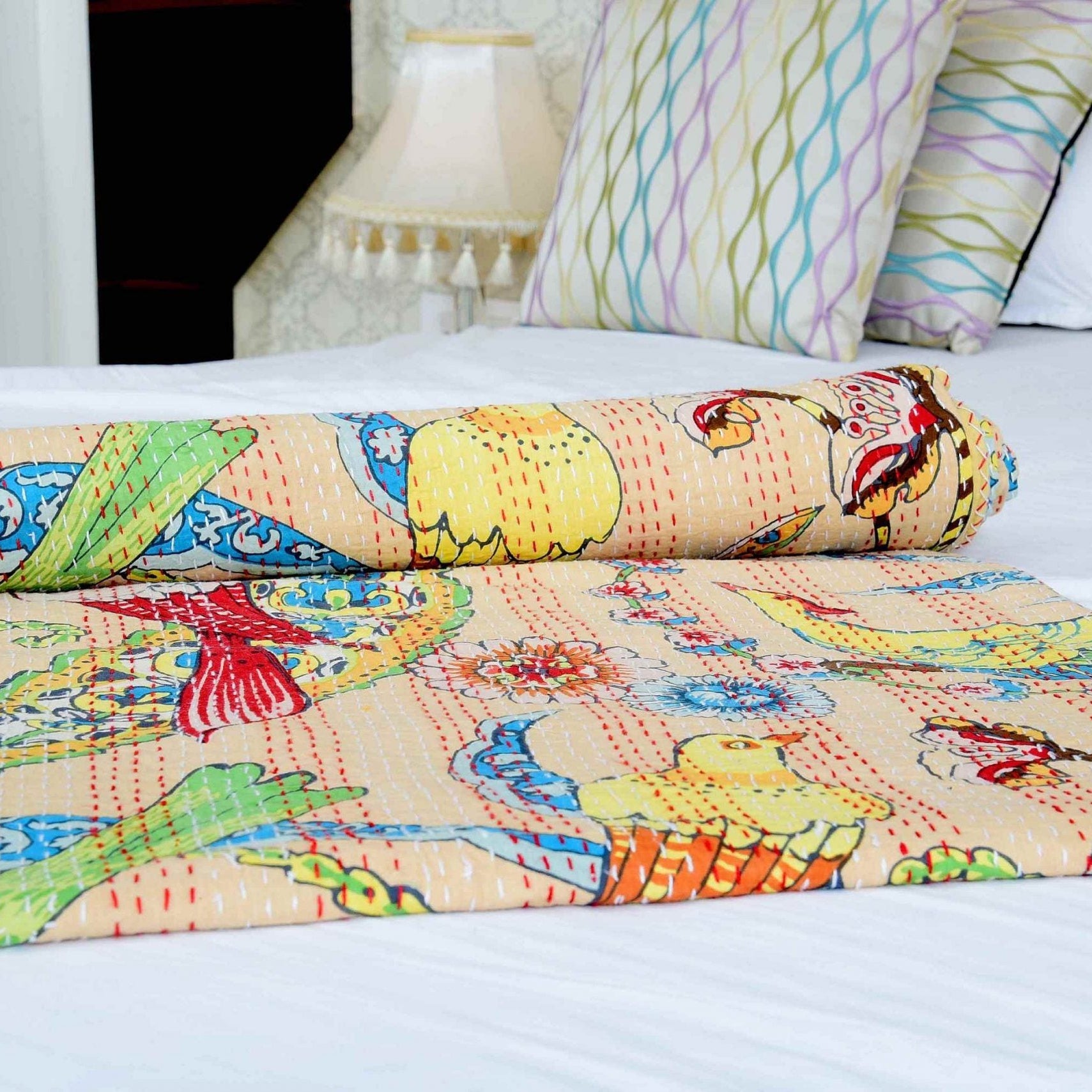 Linen Connections Handmade Indian Kantha Quilt Blanket - Peach Bird