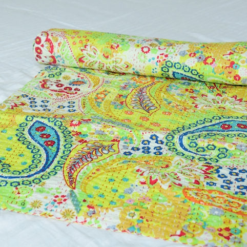 Linen Connections Handmade Indian Kantha Quilt - Gratitude Green