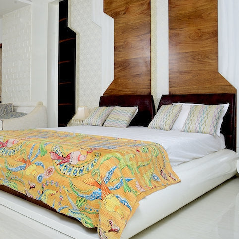 Linen Connections Handmade Indian Kantha Quilt- Yellow Haven