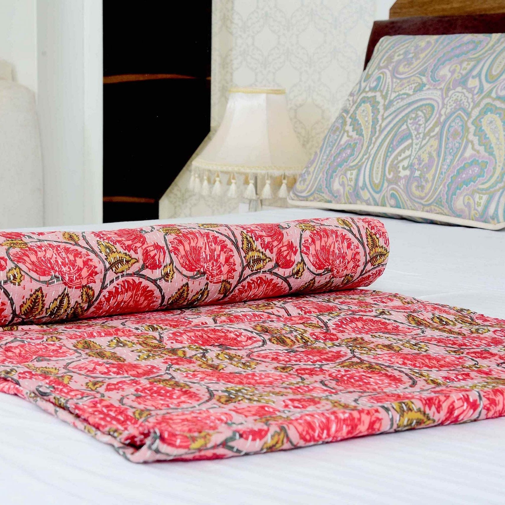 Linen Connections Handmade Indian Kantha Quilt Blanket - Red Chic