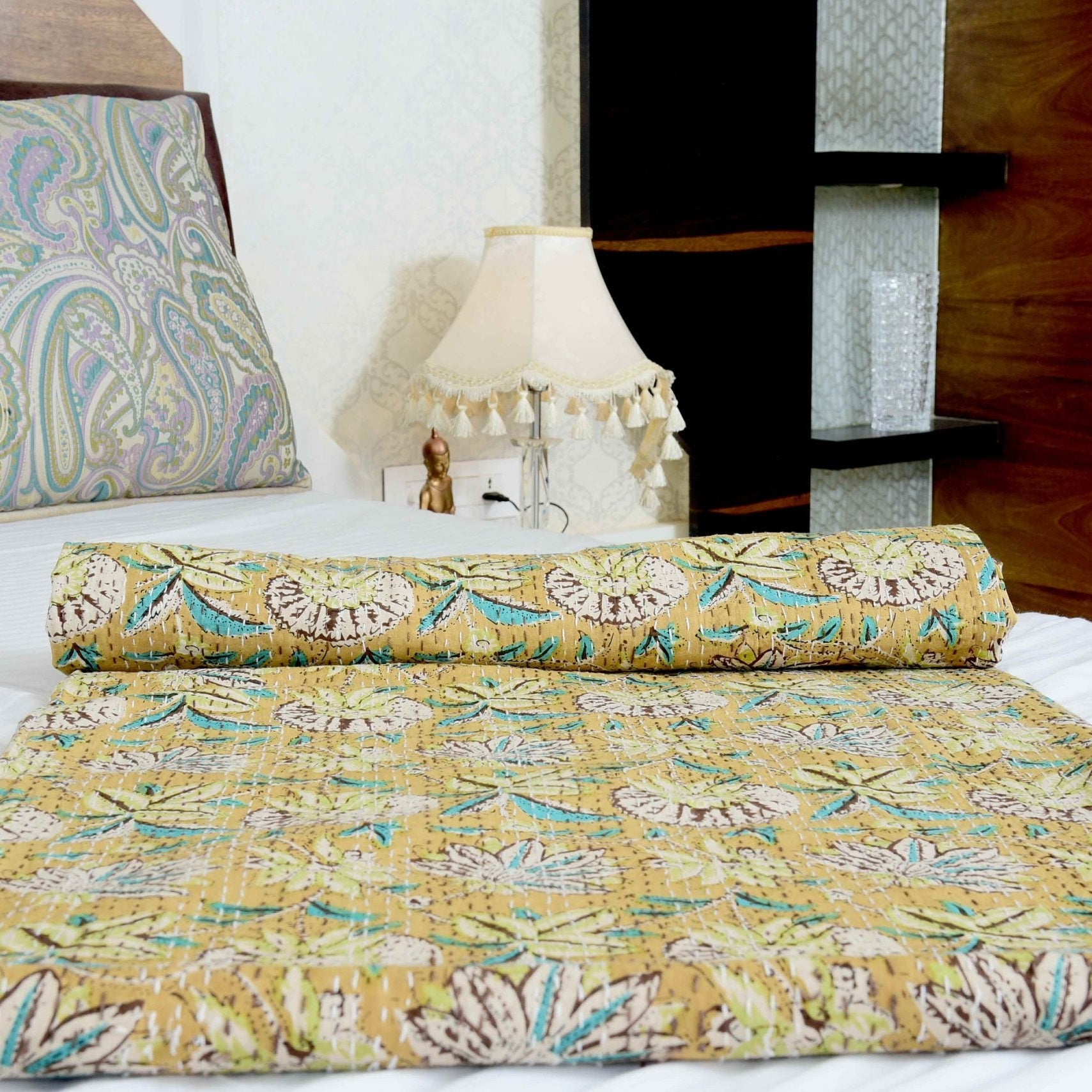 Linen Connections Handmade Indian Kantha Quilt- Mustard Haze