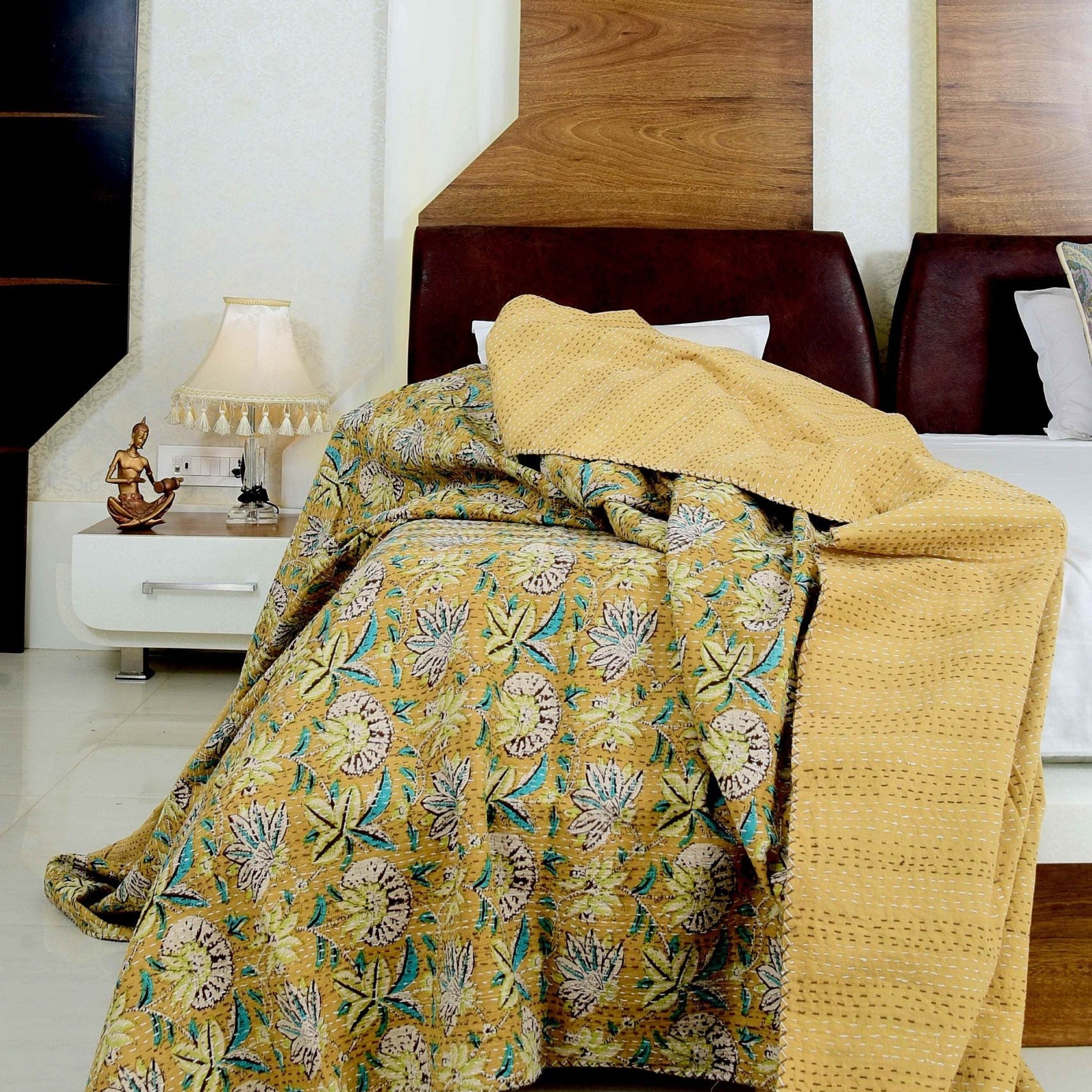 Linen Connections Handmade Indian Kantha Quilt- Mustard Haze