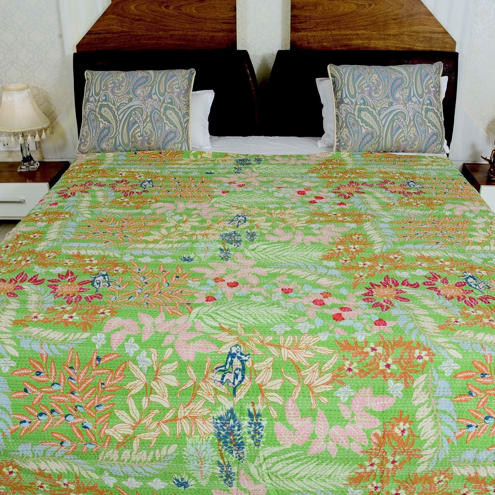 Linen Connections Handmade Indian Kantha Quilt- Green Pastures
