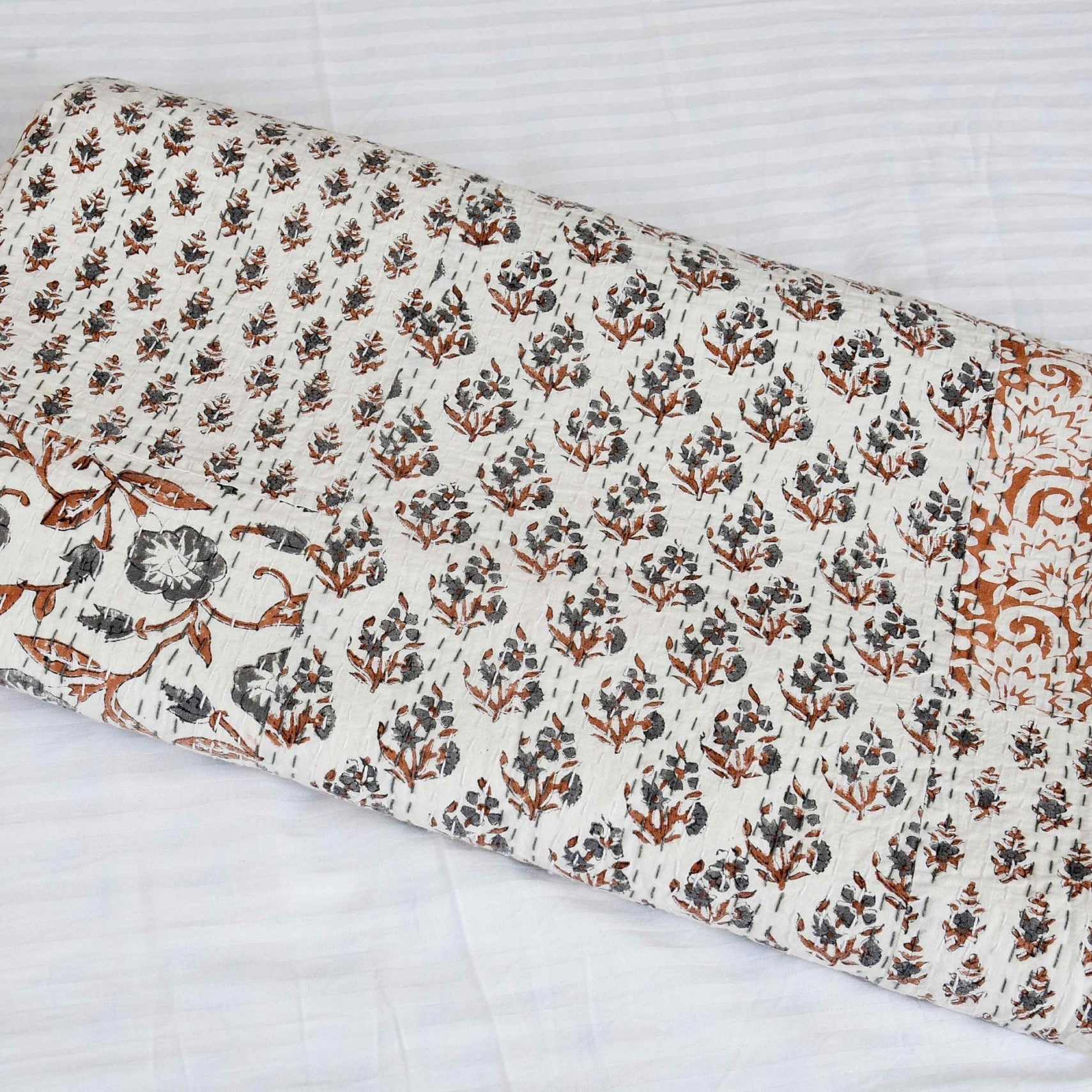 Linen Connections Indian Kantha Quilt - White Mist