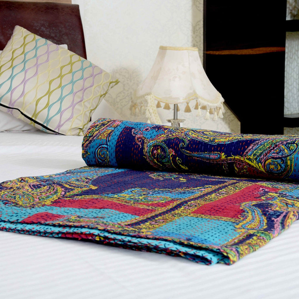 Linen Connections Indian Kantha Quilt - Royal Blue