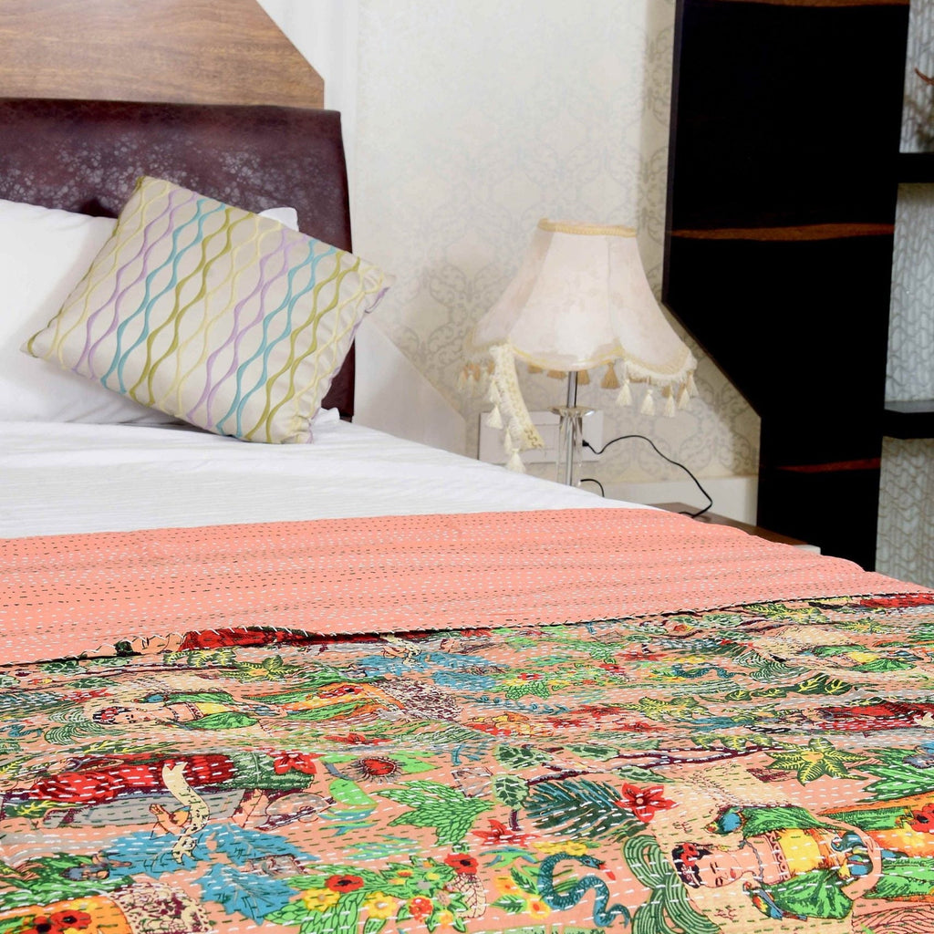 Linen Connections Indian Kantha Quilt - Frida Pink