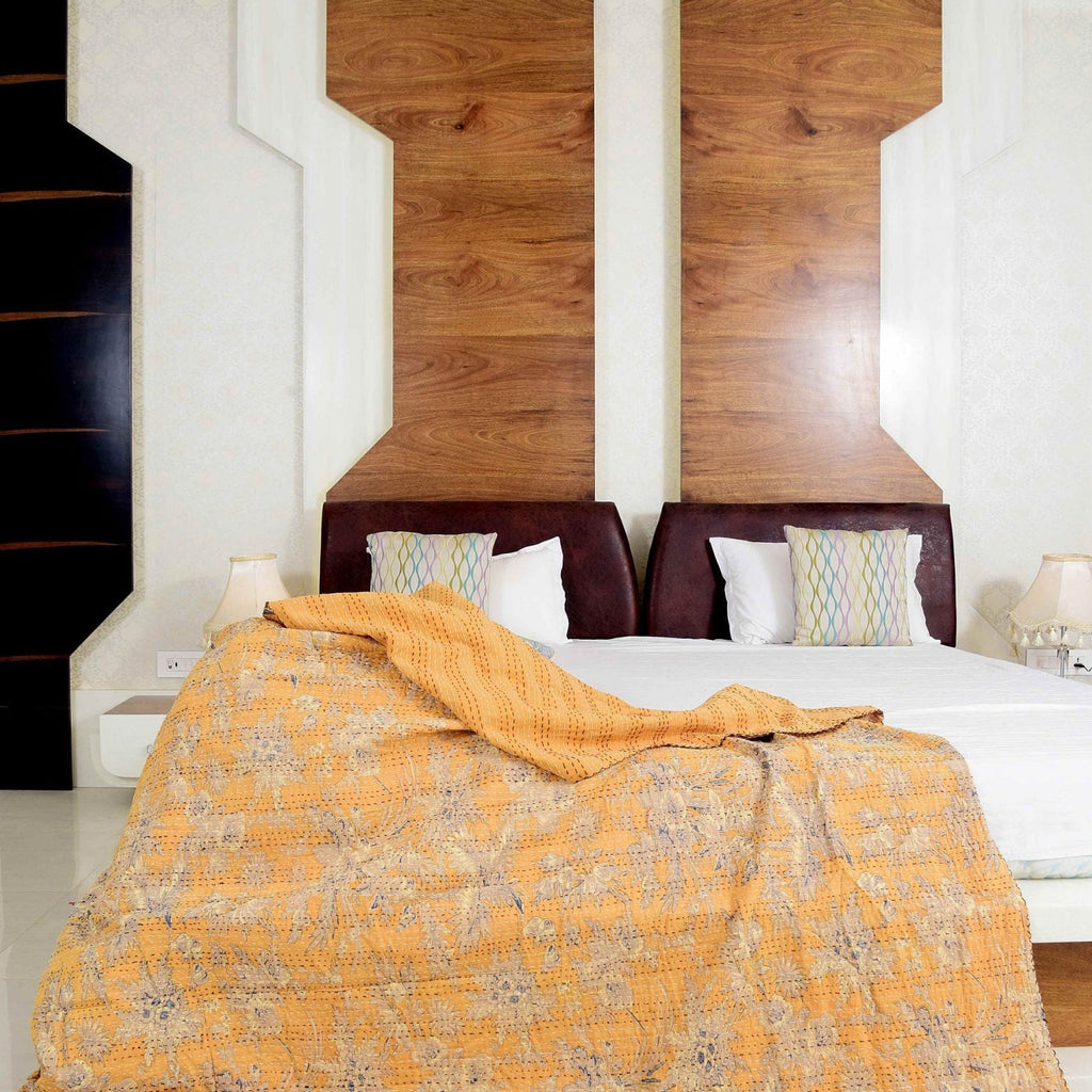 Linen Connections Handmade Indian Kantha Quilt - Pale Fiery