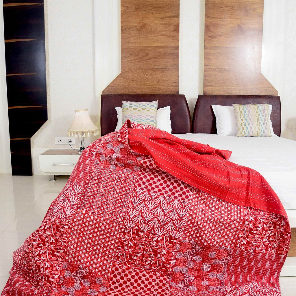 Linen Connections Handmade Indian Kantha Quilt - Red Aurora