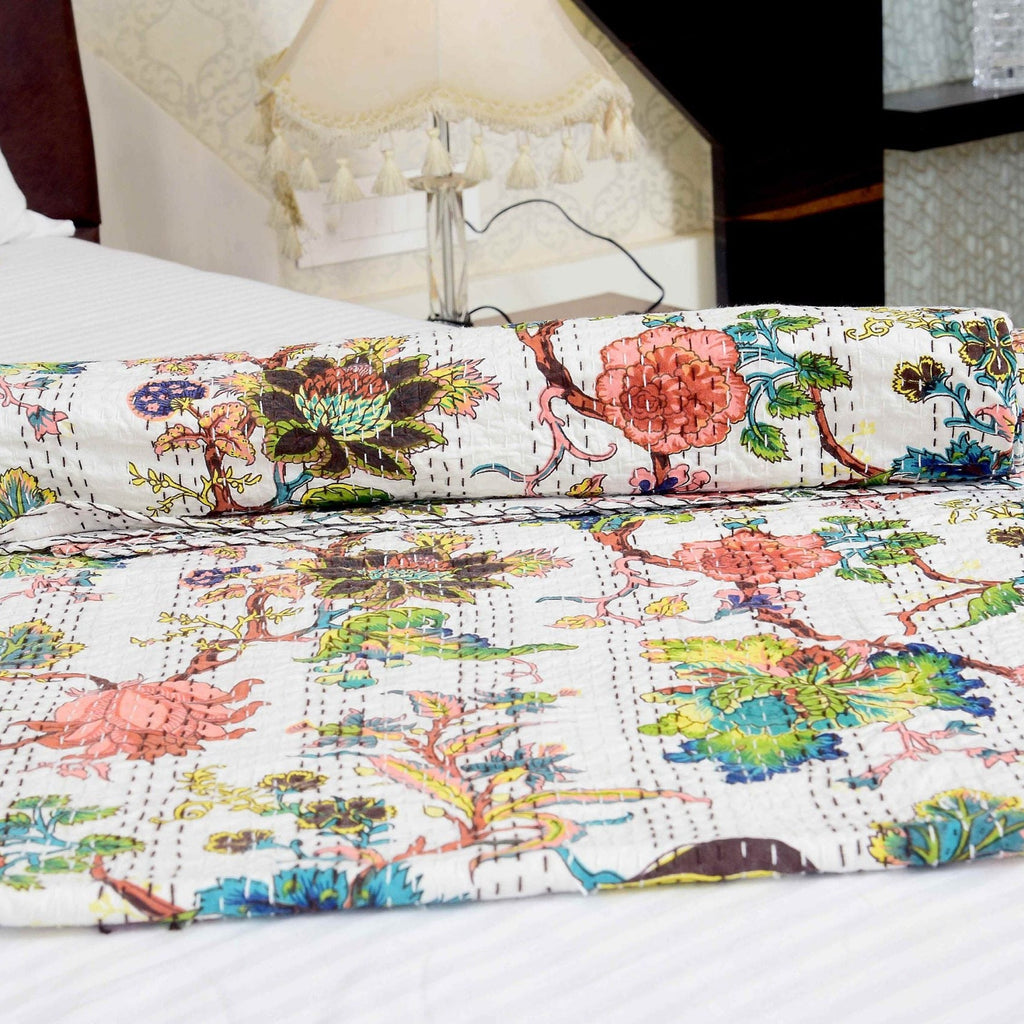 Linen Connections Handmade Indian Kantha Quilt - Boho White