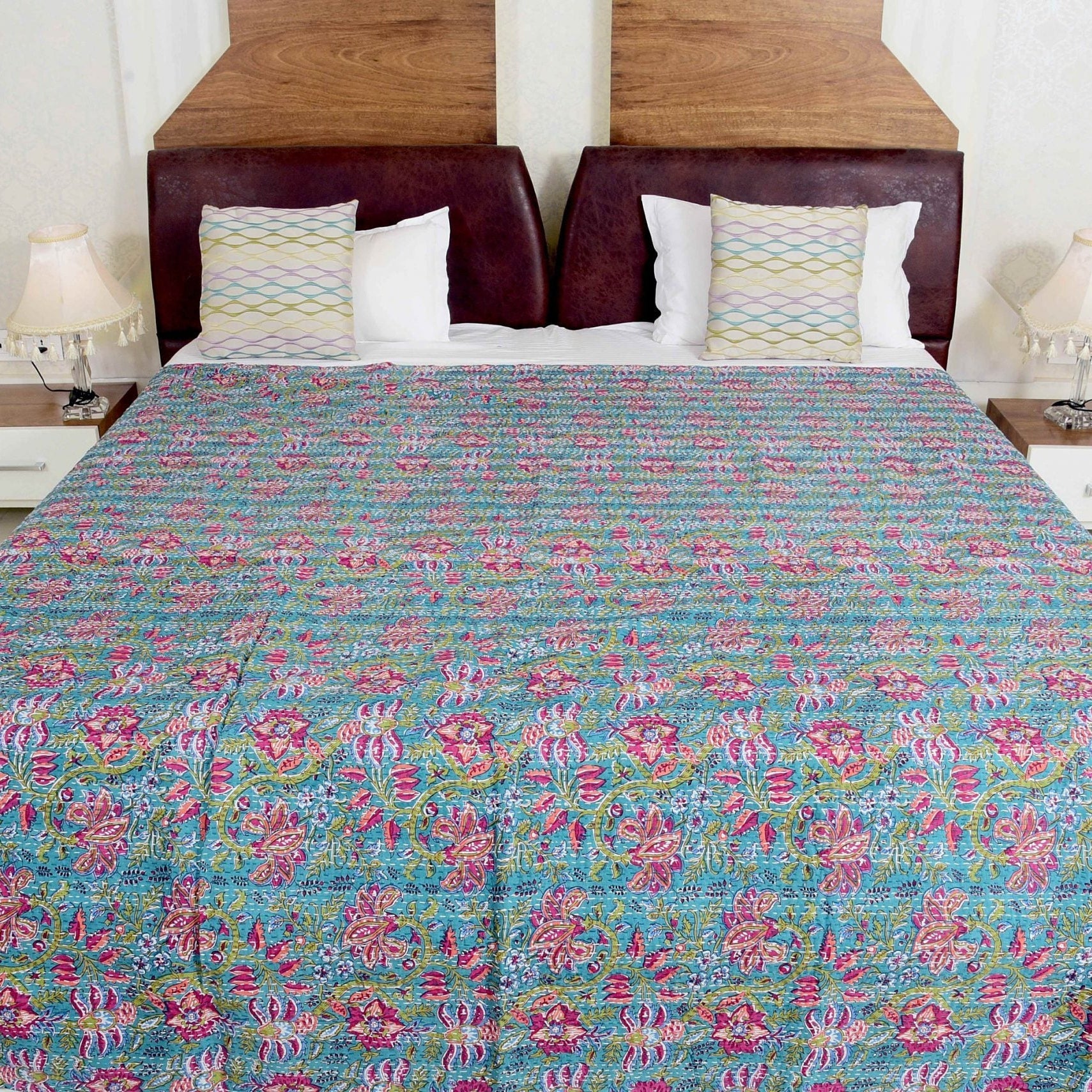 Linen Connections Handmade Indian Kantha Quilt - Blue Oasis
