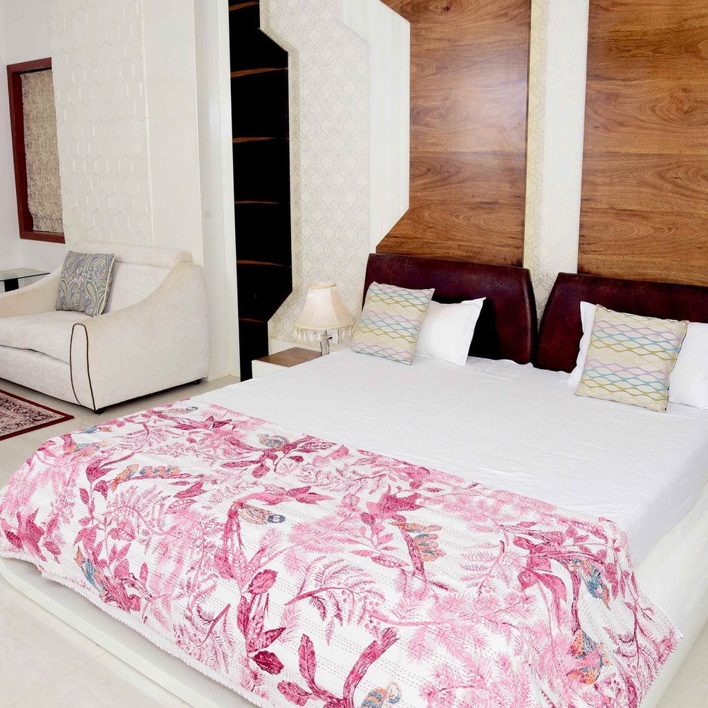 Linen Connections Indian Kantha Quilt - Pink Owl