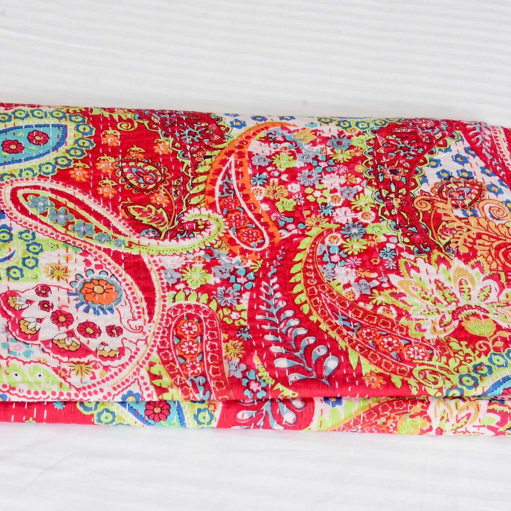 Linen Connections Indian Kantha Quilt - Red Flowers