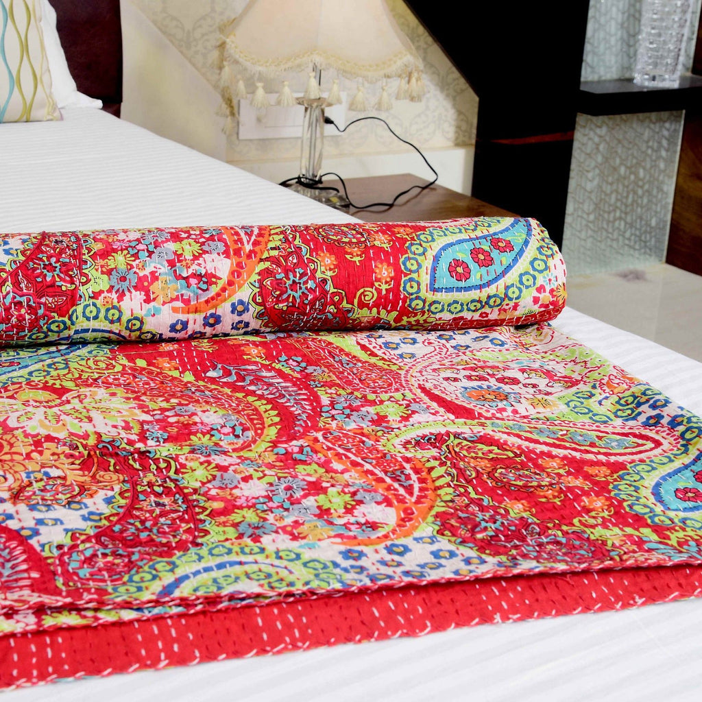 Linen Connections Indian Kantha Quilt - Red Flowers