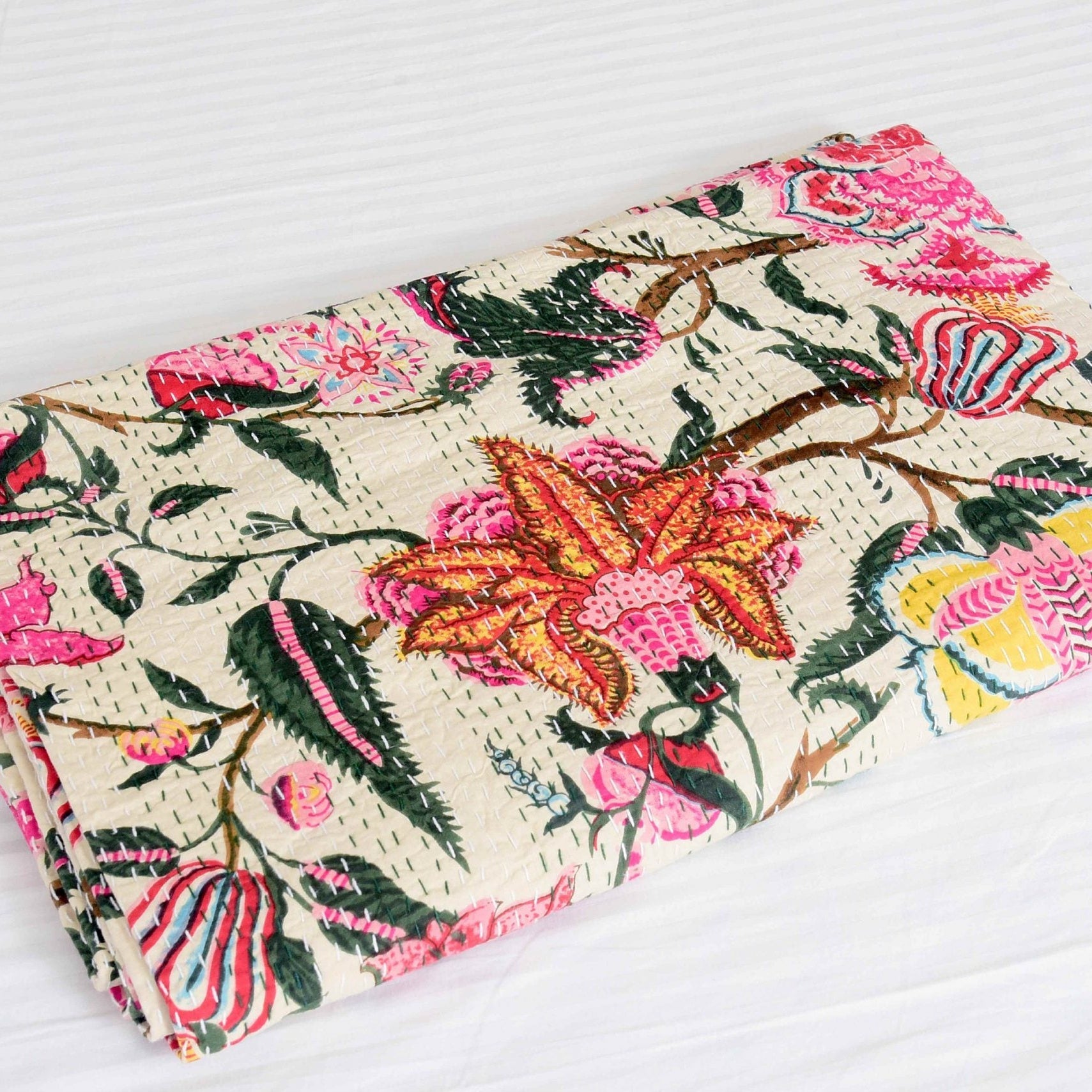 Linen Connections Handmade Indian Kantha Quilt - Bohemian Tree