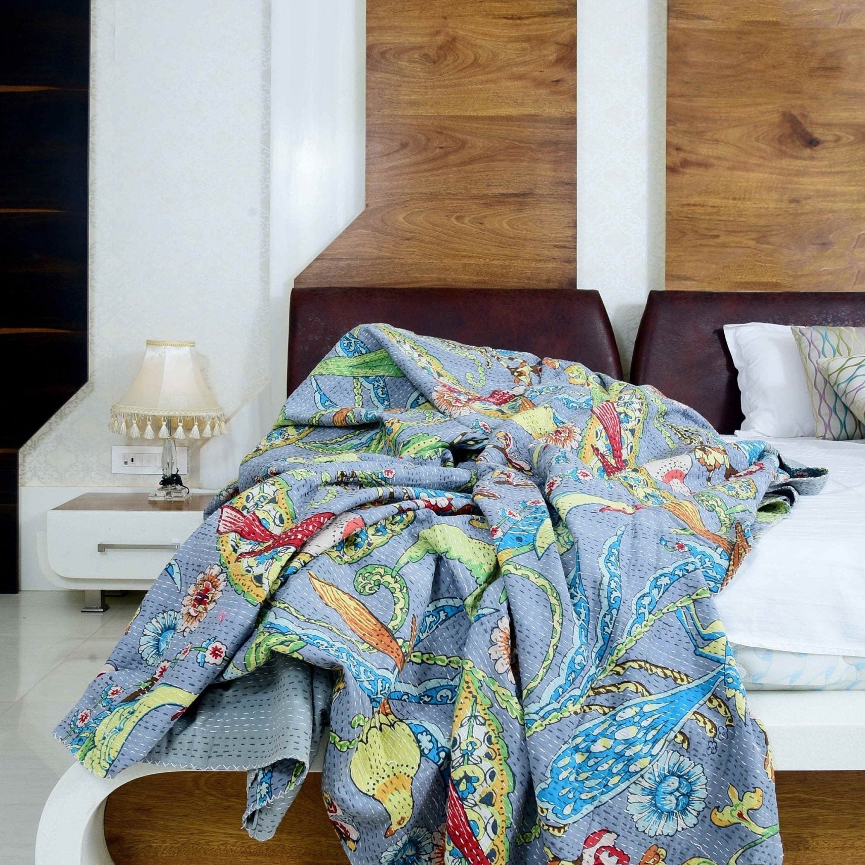 Linen Connections Handmade Indian Kantha Quilt - Grey Hues