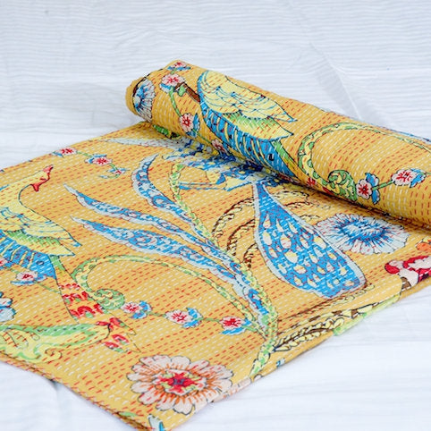 Linen Connections Handmade Indian Kantha Quilt- Yellow Haven