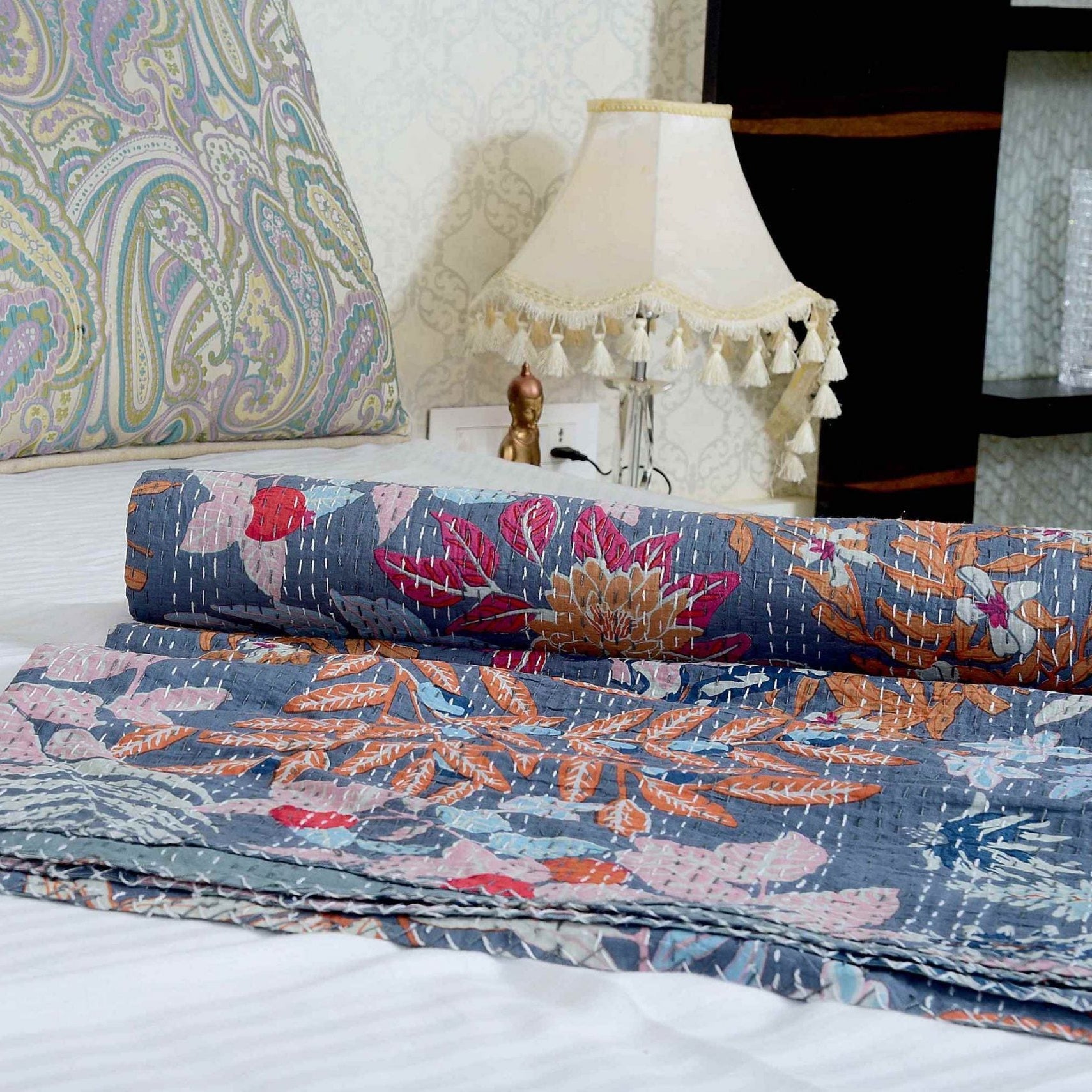 Linen Connections Handmade Indian Kantha Quilt -Blue Pastures