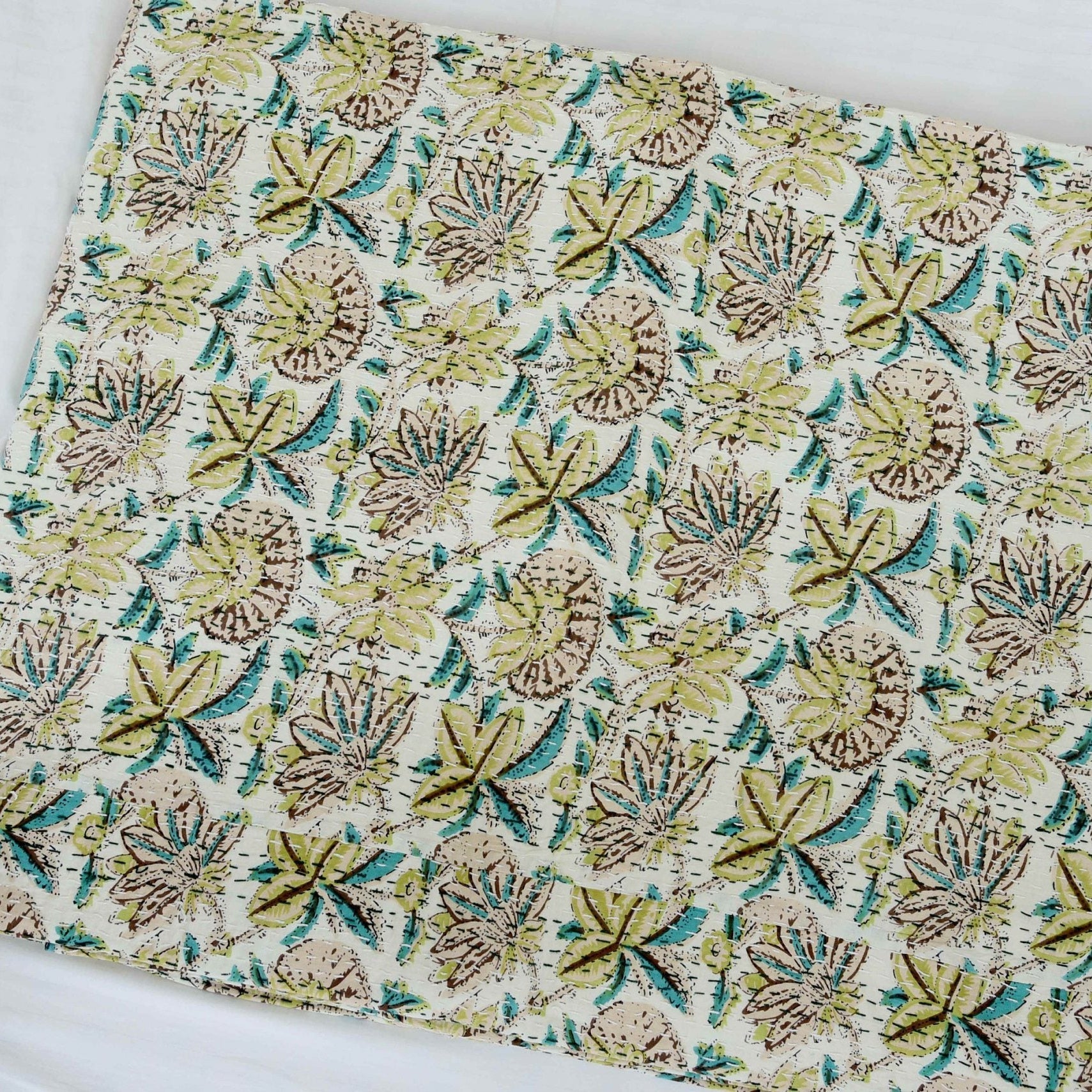 Linen Connections Handmade Indian Kantha Quilt Blanket - Green Blossom