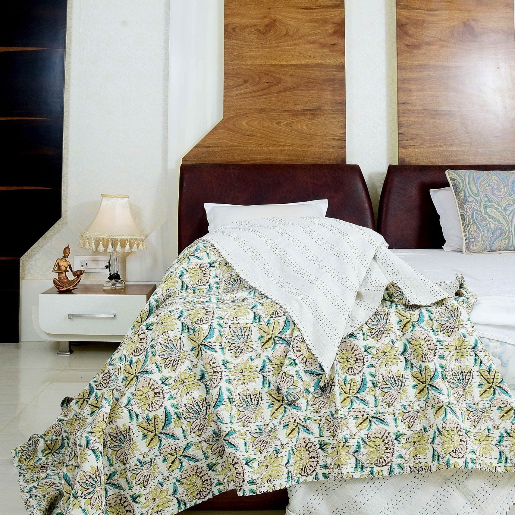 Linen Connections Handmade Indian Kantha Quilt Blanket - Green Blossom