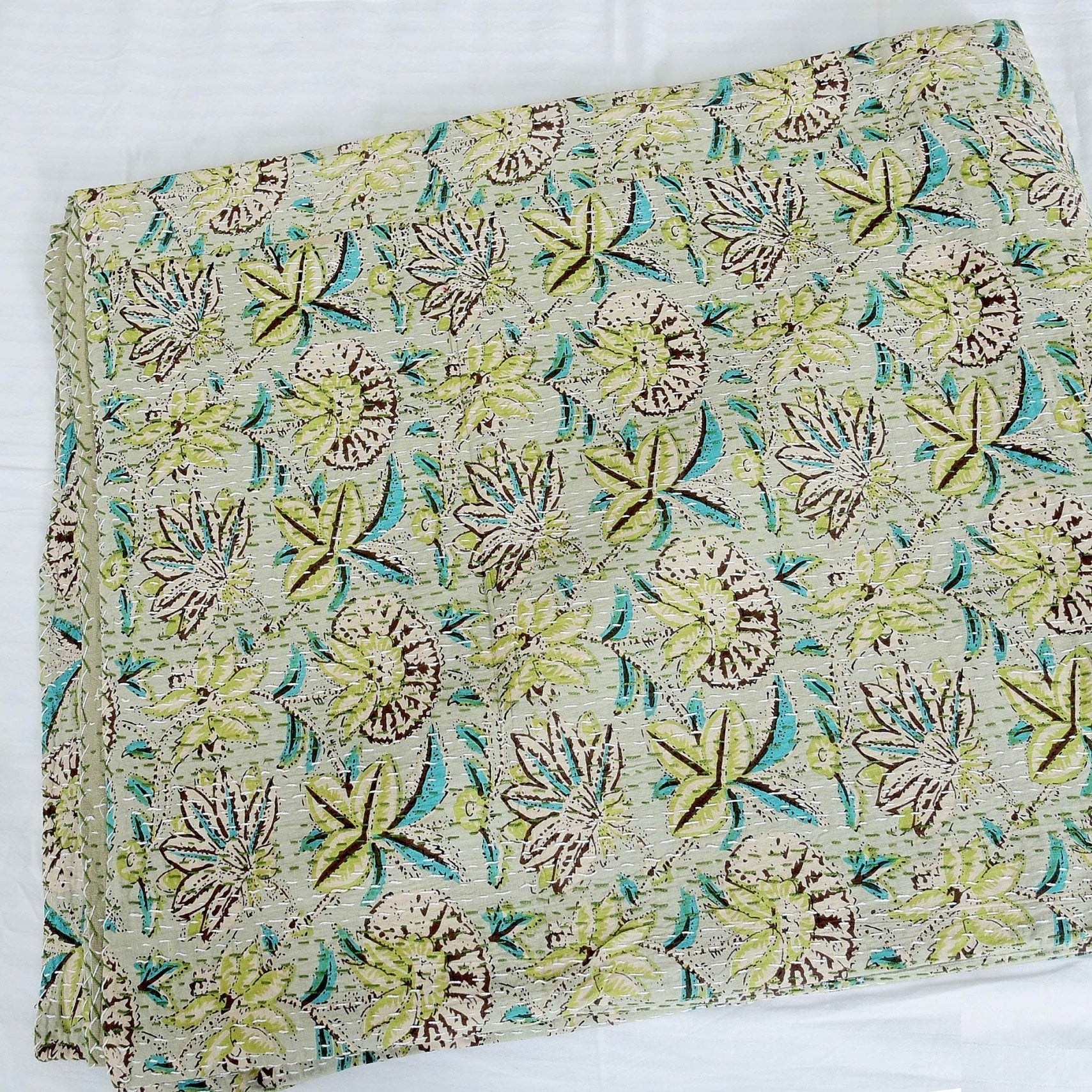 Linen Connections Handmade Indian Kantha Quilt - Sea Green