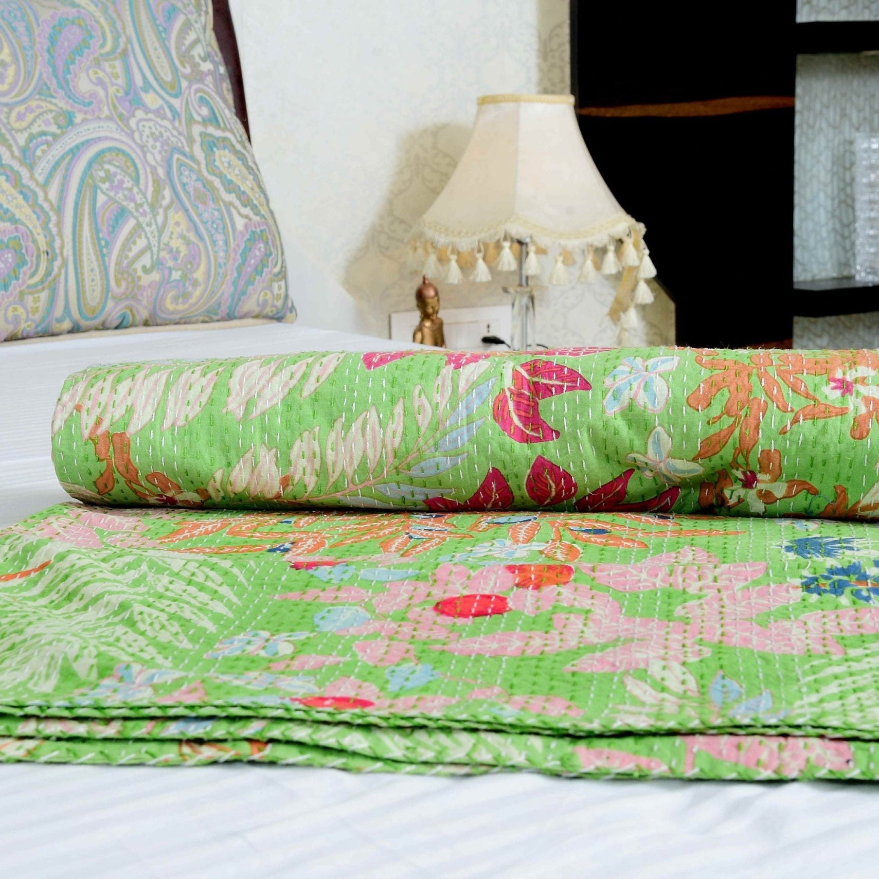 Linen Connections Handmade Indian Kantha Quilt- Green Pastures