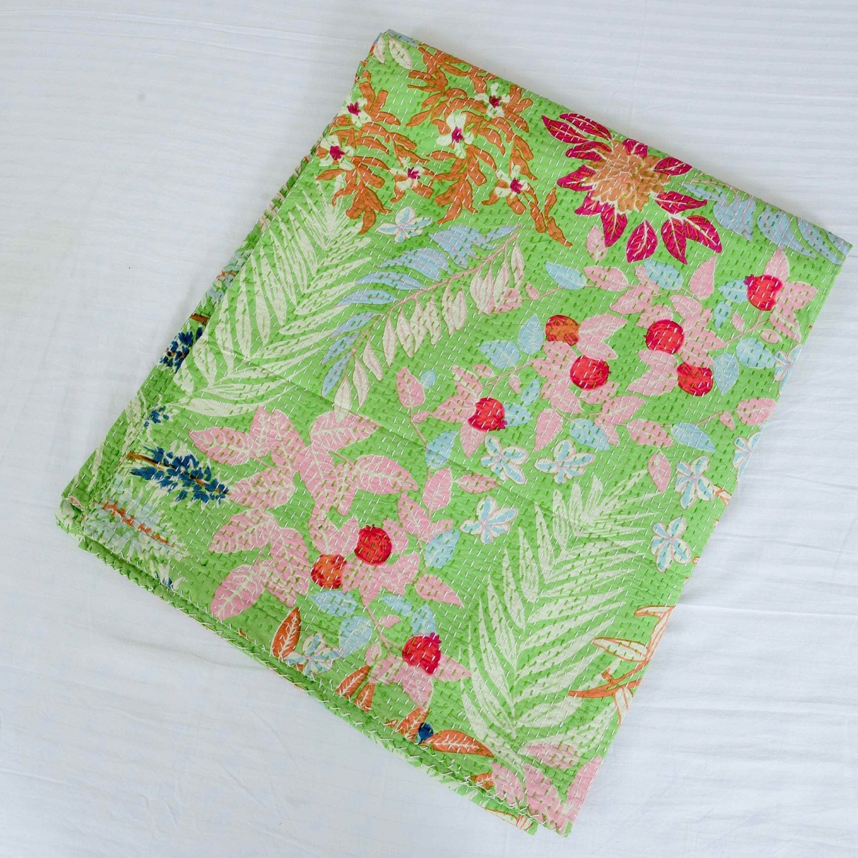 Linen Connections Handmade Indian Kantha Quilt- Green Pastures